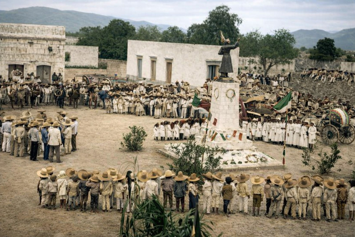 Acto cívico de niños y niñas de primaria en el monumento a Hidalgo